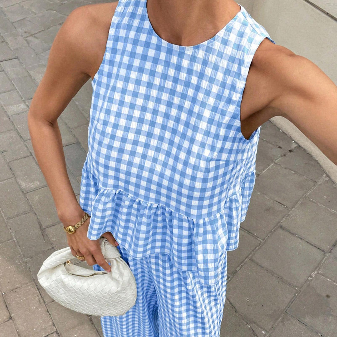 Womens Gingham Set Ruffle Plaid Peplum Tops and Pants Summer Vacation Going Out Sets for Daily Wear Beach admired