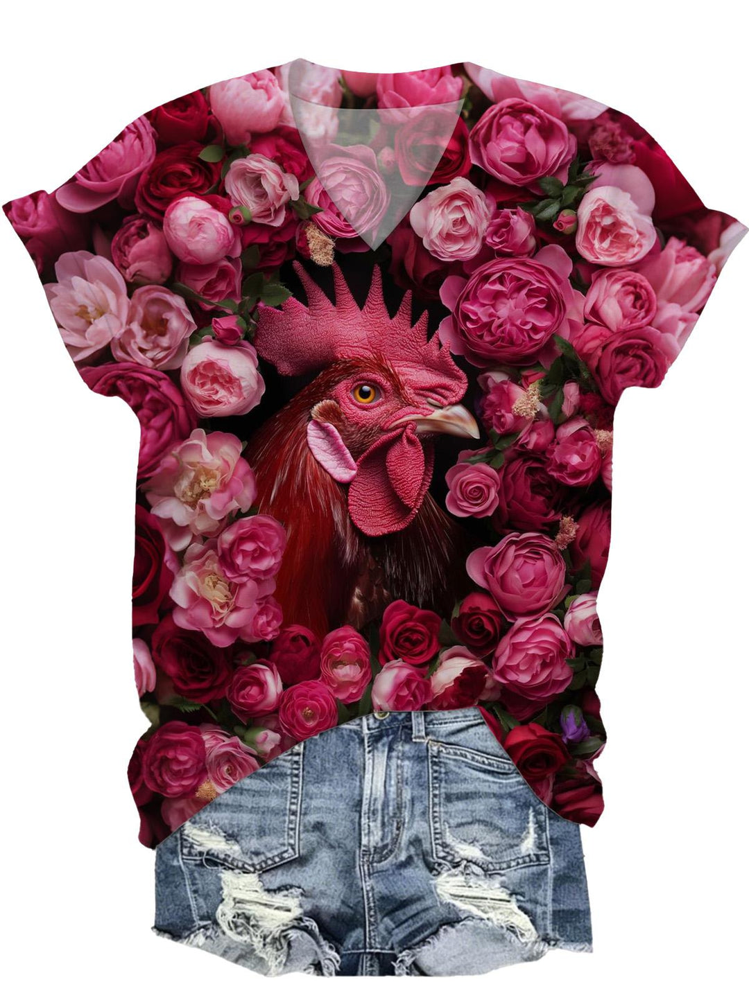 Rooster Rose Flower Print Women's Short Sleeve V Neck T-Shirt