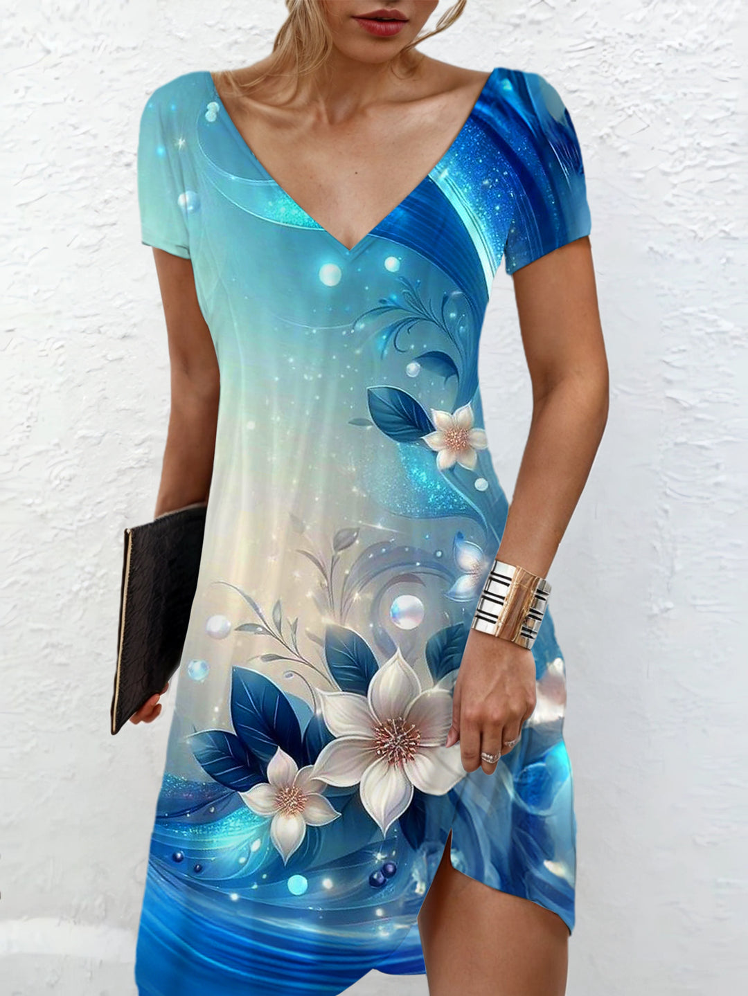 Flower Abstract Art V Neck Short Sleeve Dress