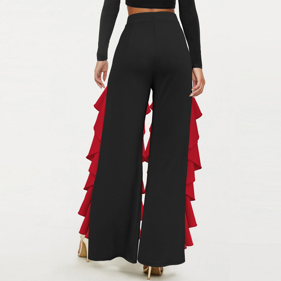 Womens Ruffle Pants Front Slit Flowy Loose Fit Wide Leg Trousers Elastic High Waist Lounge Pants for Dating improved