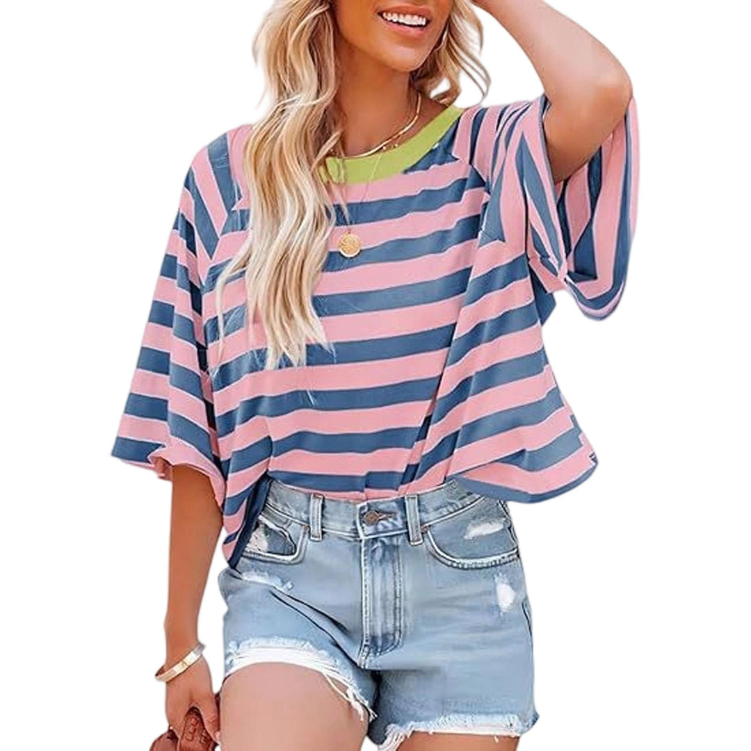 Striped Shirt Women Crew Neck Fashion Casual T Shirts Loose Fit Basic Tops for Travel Going Out Commuting approving