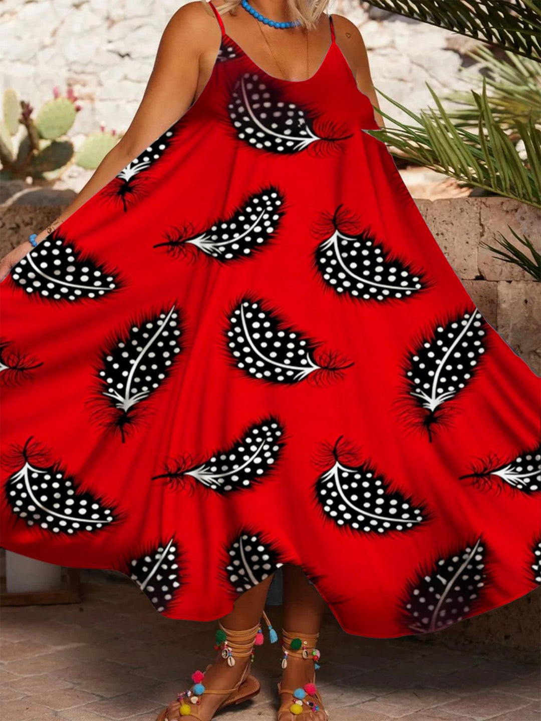 Red Polka Dot Feather Print Spaghetti Strap Dress