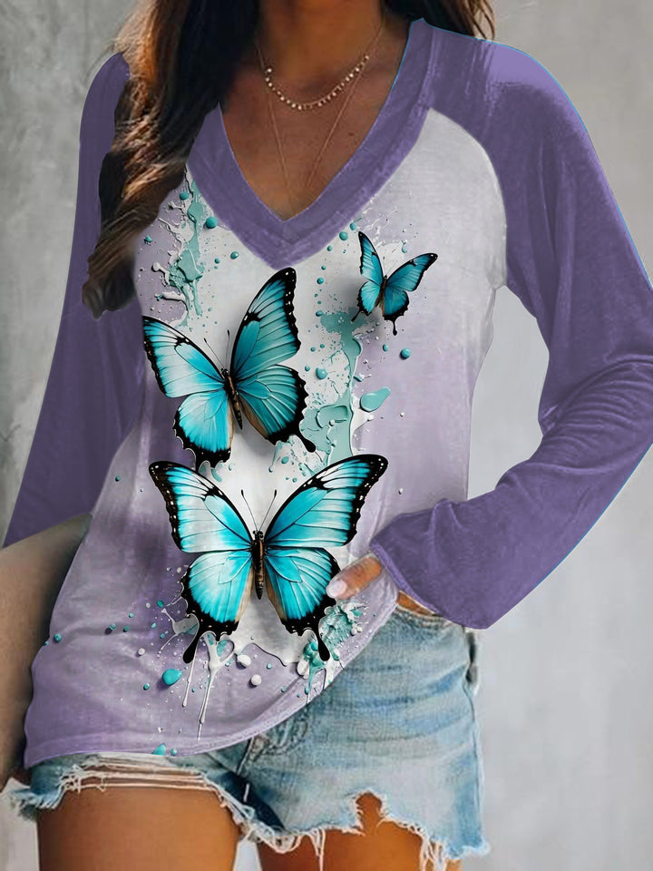 3D Butterfly Art Print V-Neck Long Sleeve Top
