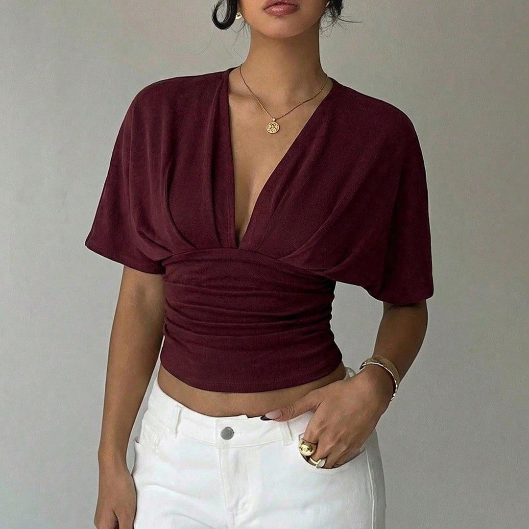 Cinch Waist Tops for Women Ruched Deep V Neck Crop Tops Sexy Summer T Shirts Short Sleeve for Travel Dating original