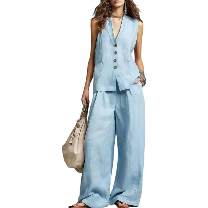 Womens Vest and Pants Set Two Piece Button Down Vest Top and Wide Leg Pants Casual Outfits for Work Travel ideal
