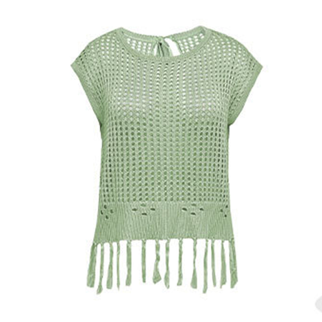 Crochet Tops for Women Tassel Hollow Out Summer Knit Top Crewneck Short Sleeve Pullover Cover Up for Travel usefulness