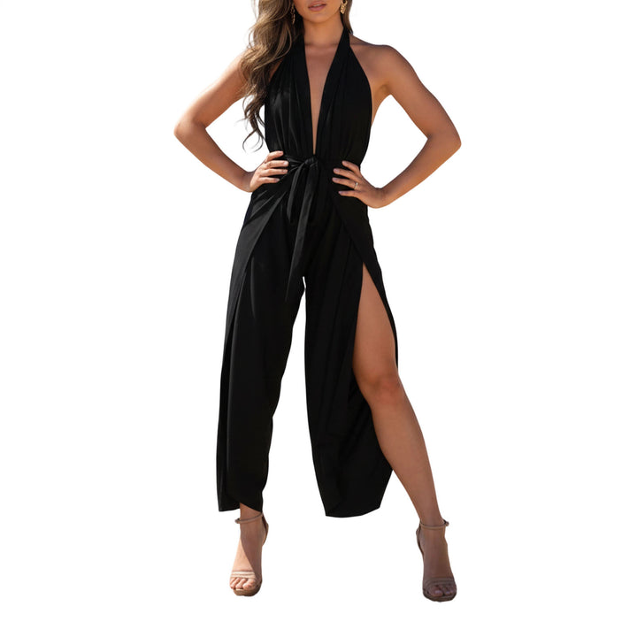 Halter Jumpsuits for Women Side Slit Backless Convertible Wide Leg Jumpsuits Sleeveless Overalls for Vacation first-rate