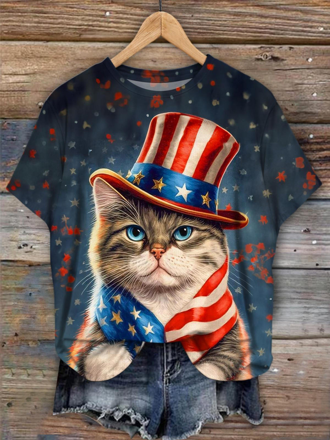 Top Hat Star Stripe Cat Crew Neck T-shirt