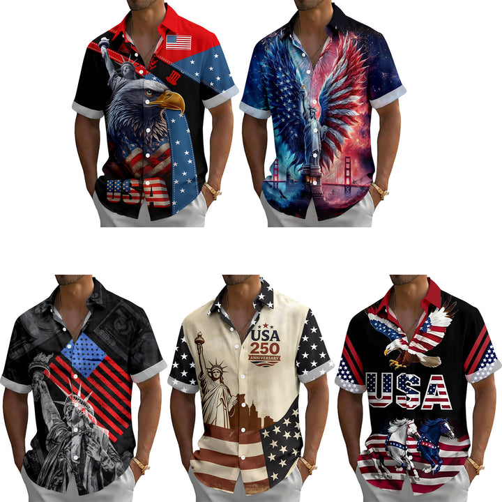 Flag Button Up Shirt Men Eagle Print Short Sleeve Button Down Patriotic Hawaiian Shirts for Parade Party amiable