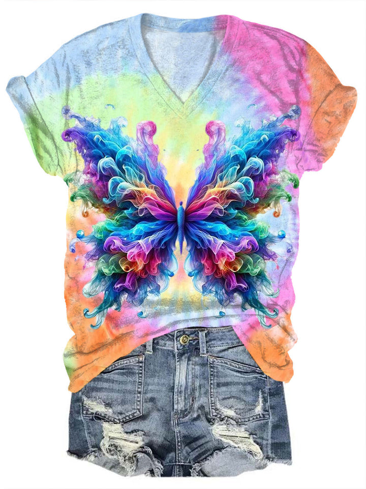 Tie Dye Butterfly Print Short Sleeve Top