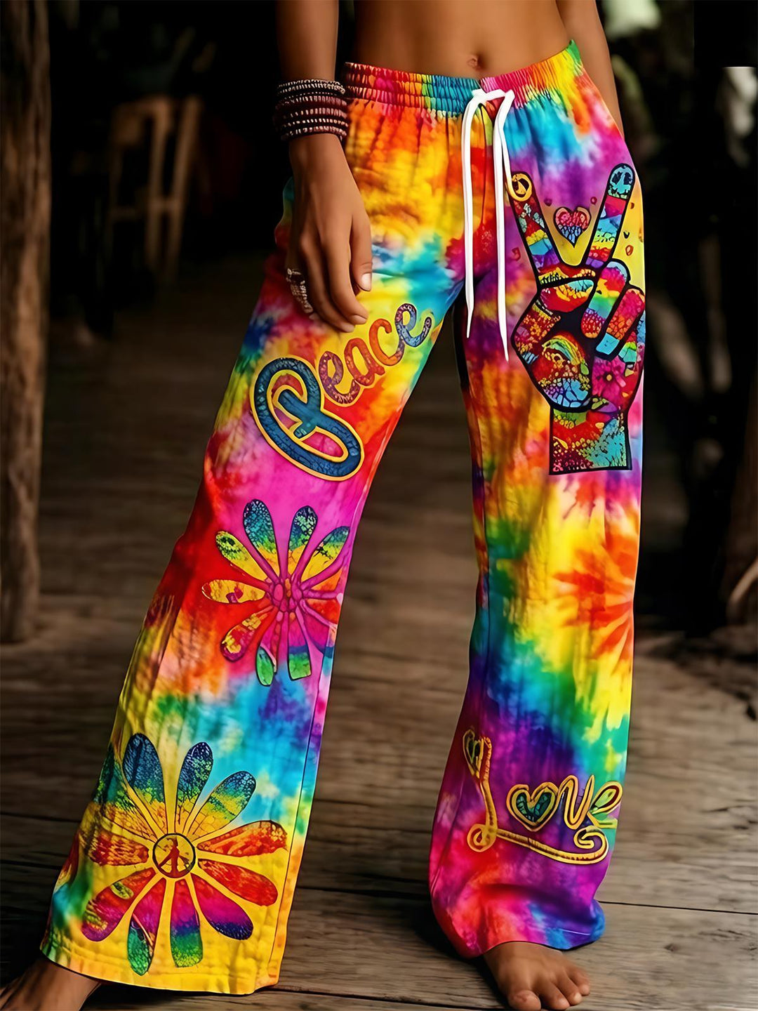 Colorful Tie-Dye Hippie Peace Sign Daisy Floral Women's Drawstring Wide-Leg Pants