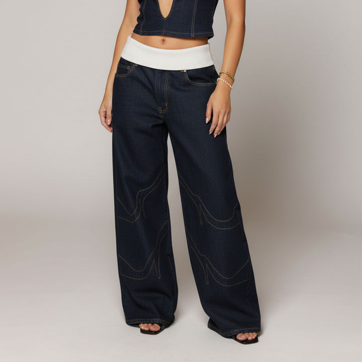 Womens Low Rise Baggy Jeans Fold-Over Elastic Waist Wide Leg Jeans Denim Pants Loose Fit Trousers for Club appropriate