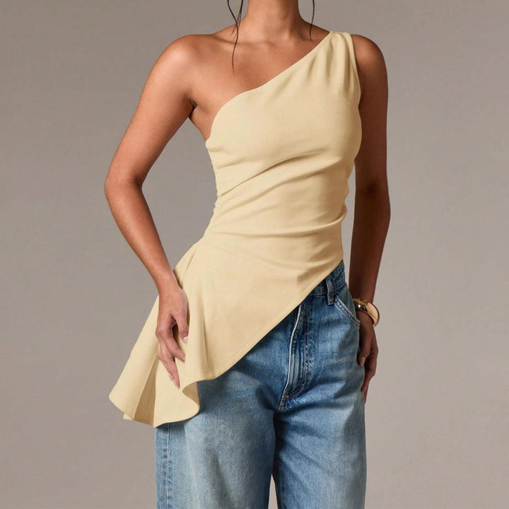Off Shoulder Ruffle Top Asymmetrical Neck Summer Going Out Sexy Elegant Ruched Sleeveless Tops for Datng friendly