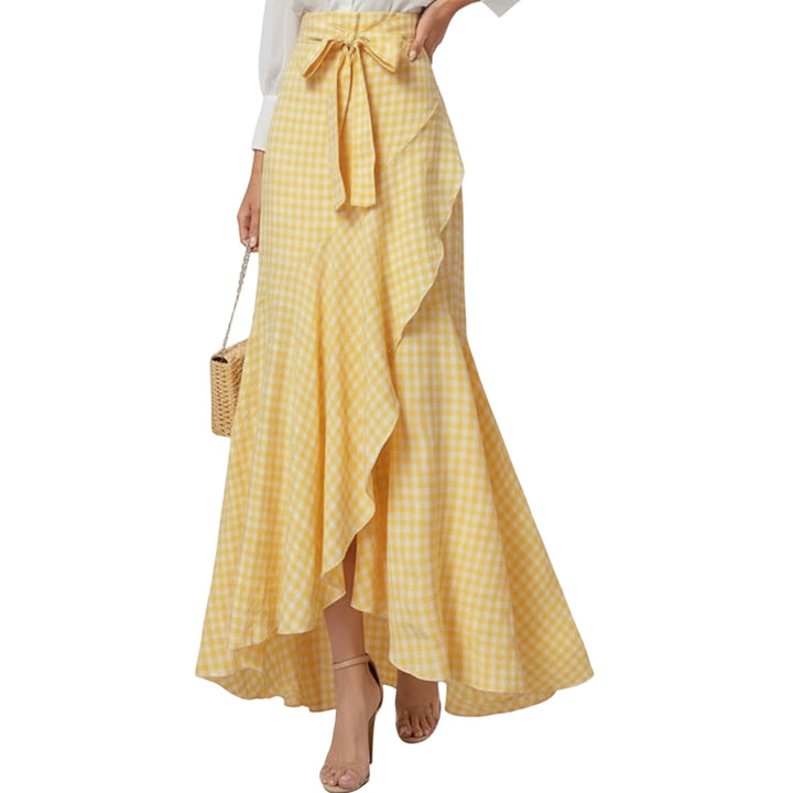 Long Plaid Skirt Mermaid A Line Women High Waist Flowy Ruffle High Low Skirts Waist Tie Clothes Daily Wear capable