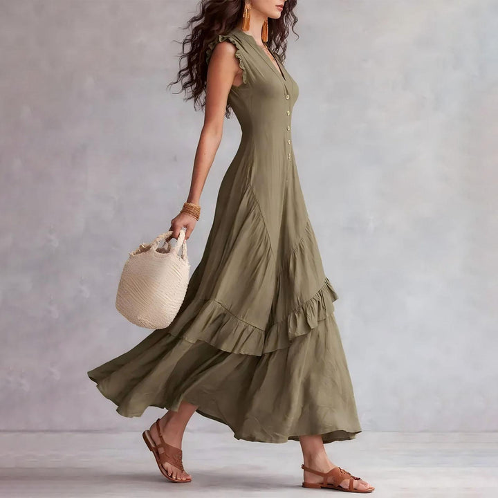 Ruffle Dress Long V Neck Button Flowy Cap Sleeve Summer Maxi Dresses Casual Beach Clothes for Beach Vacation serviceable