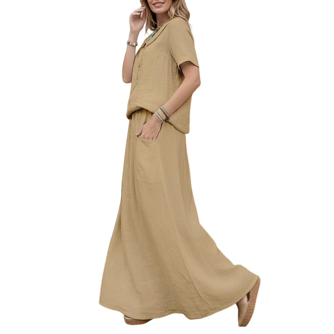 2 Piece Skirt Set Solid Cotton Two Piece Sets Short Sleeve Top and Maxi Skirt Casual Outfit for Daily Wear everywhere