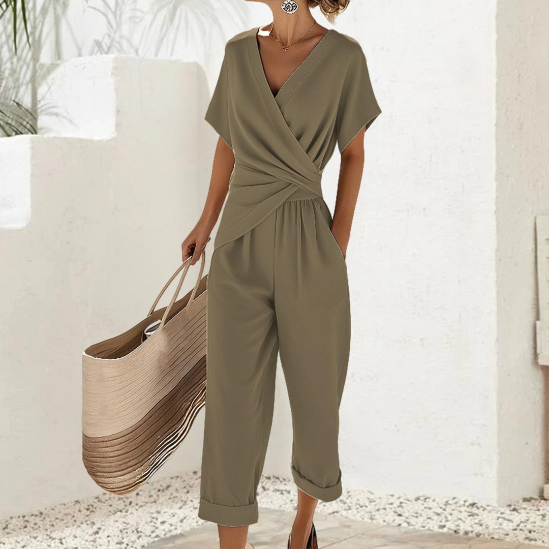 2 Piece Summer Sets for Women Wrap V Neck Side Twist Short Sleeve Solid Top Lounge Pants Outfits for Travel efficient