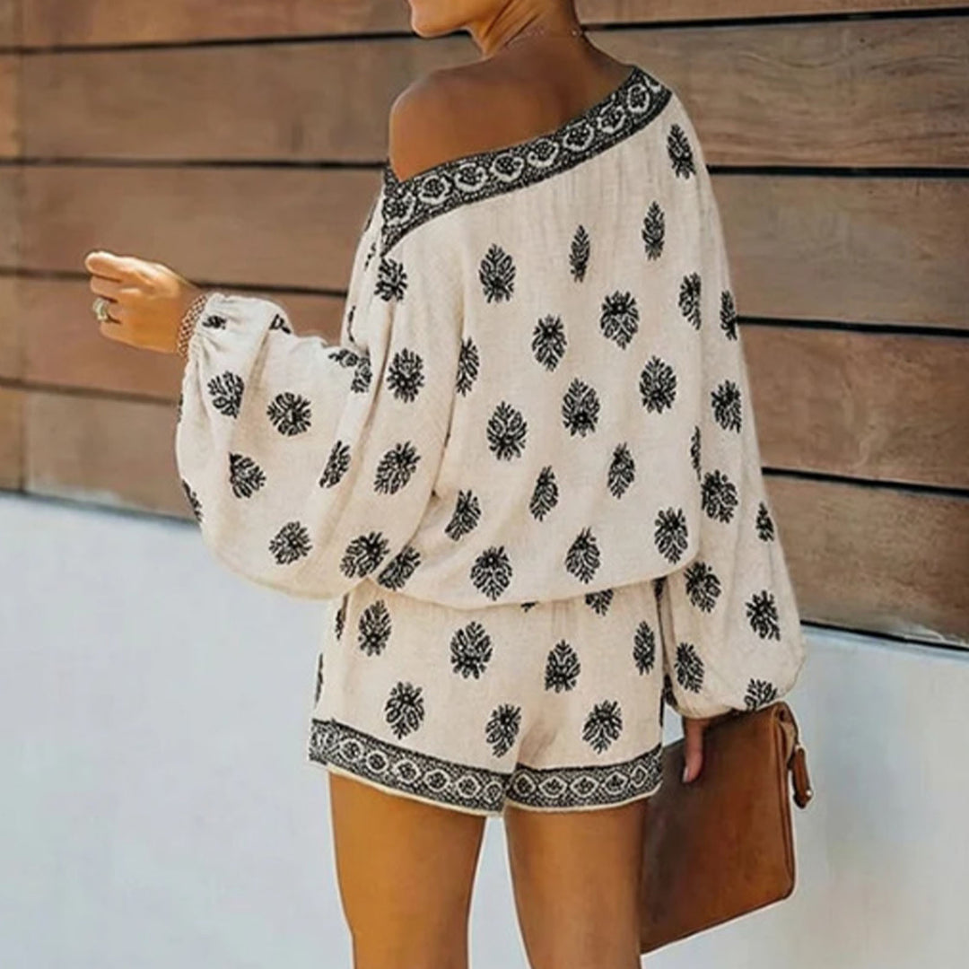 Boho Rompers for Women Off The Shoulder Casual Boho Jumpsuit Loose Lantern Sleeve Rompers for Vacation Beach ingenious