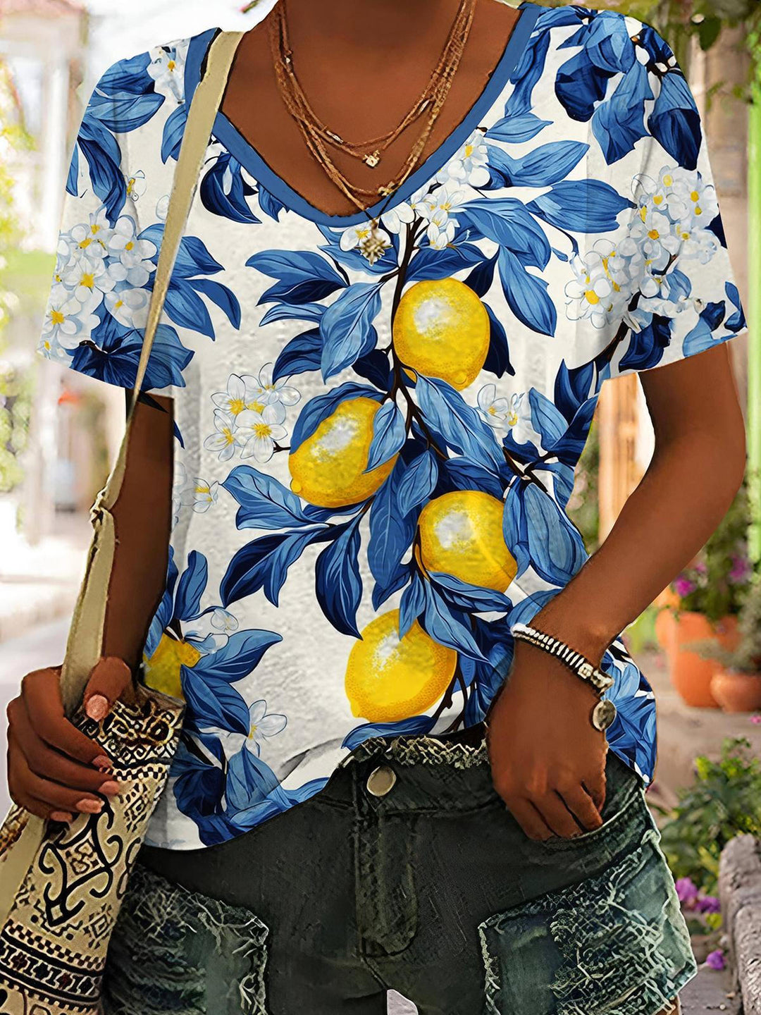 Lemon Flower V-Neck Short Sleeve T-Shirt