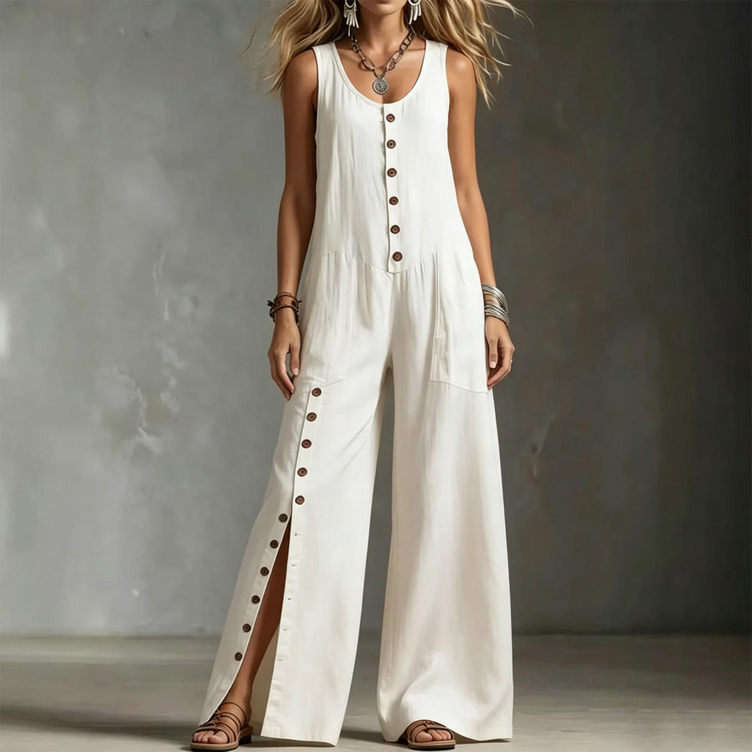 Button Down Jumpsuit for Women Button Up Wide Legs Pants Fashion Sleeveless Overall with Pockets for Beach beautiful