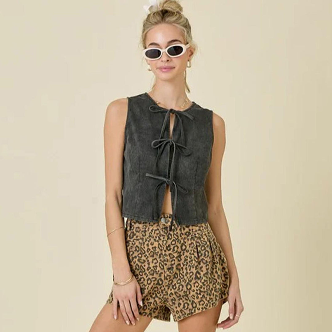 Tie Front Denim Vest Crew Neck Trendy Denim Vest Crop Sleeveless Tie Up Front Jean Top for Vacation Daily positive