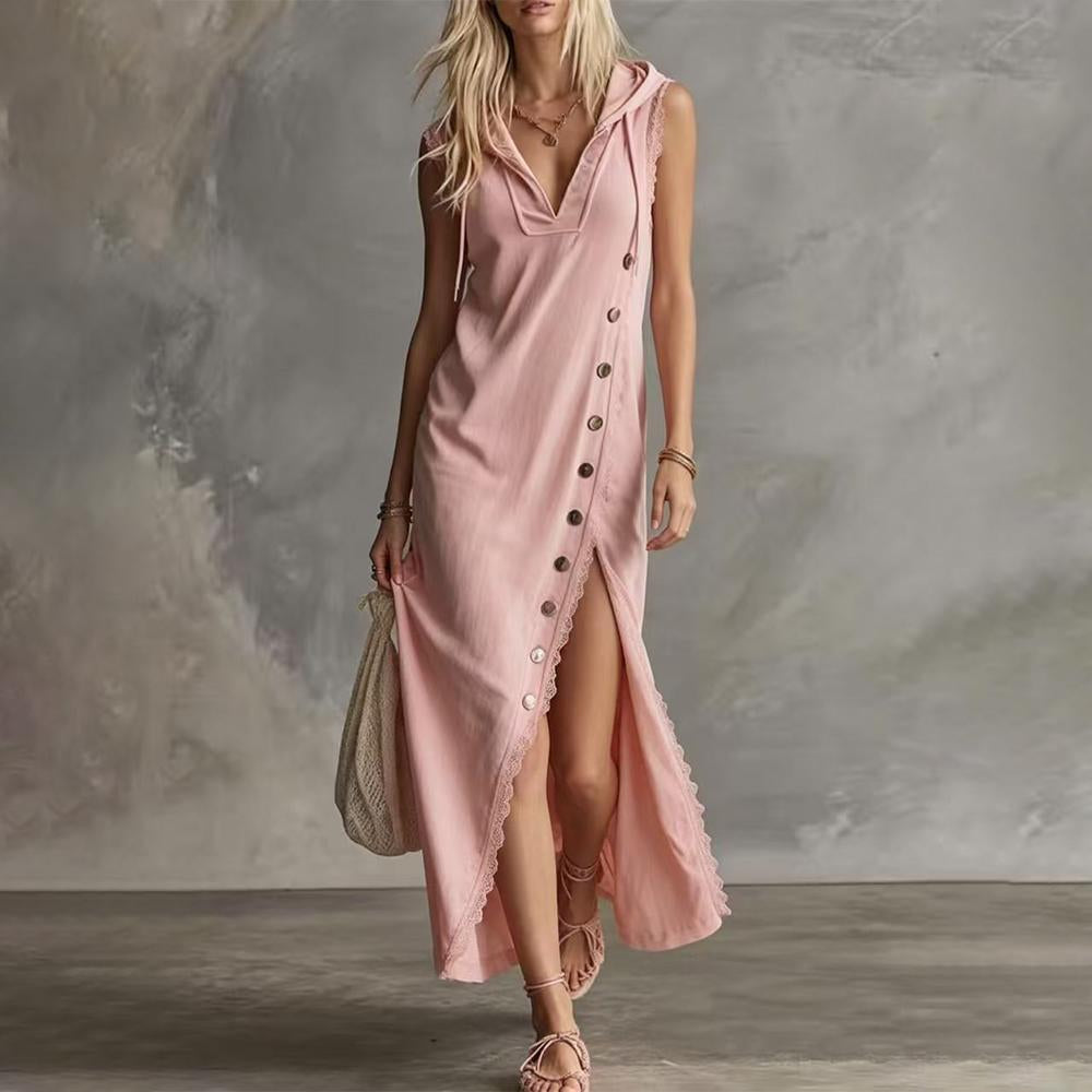V Neck Maxi Dress for Women High Slit Lace Trim Casual Loose Summer Sleeveless Long Hoodie Dress for Travel honest