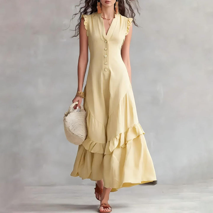 Ruffle Dress Long V Neck Button Flowy Cap Sleeve Summer Maxi Dresses Casual Beach Clothes for Beach Vacation serviceable