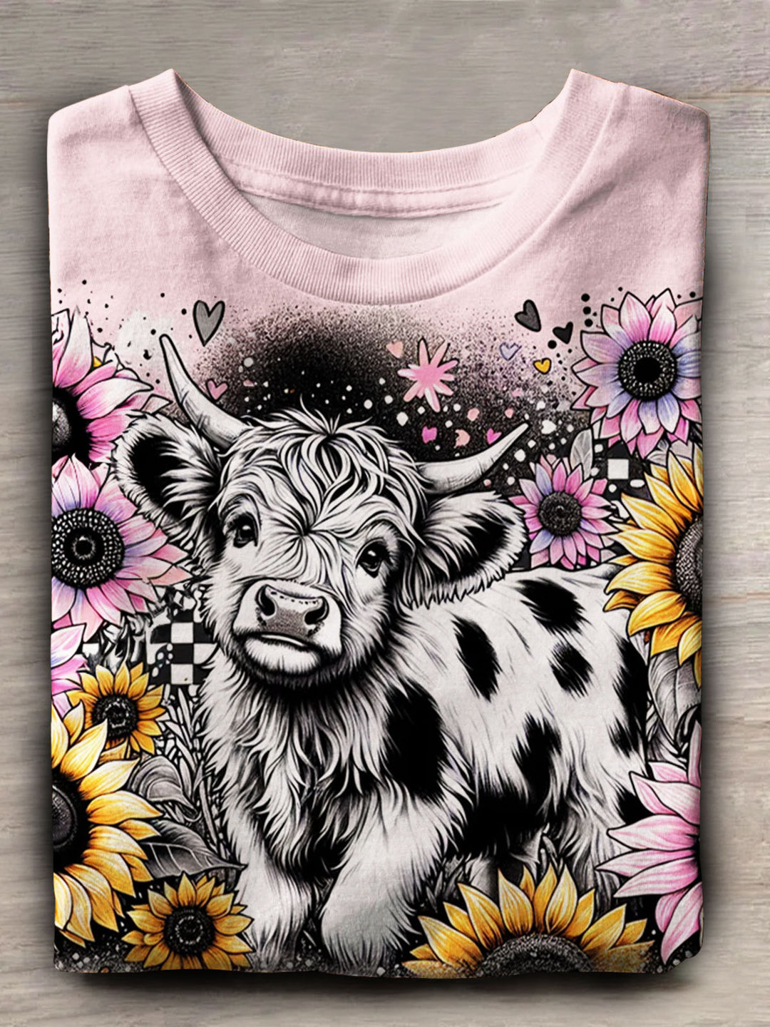 Sunflower Highland Cow Print Short Sleeve Top