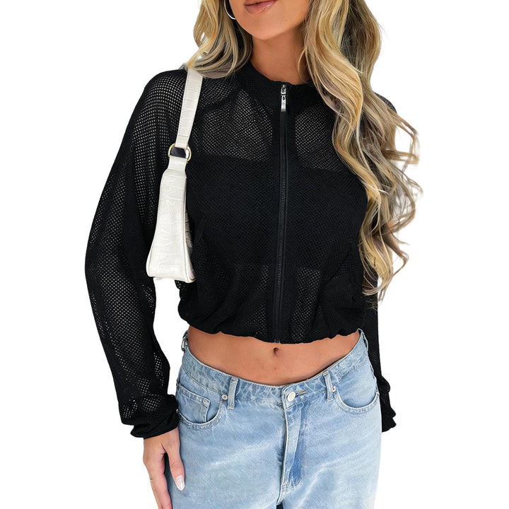 Sheer Mesh Jacket Women Mock Neck Lightweight Casual Zip Up Crop Jacket Summer Athletic Outerwear for Yoga boosted