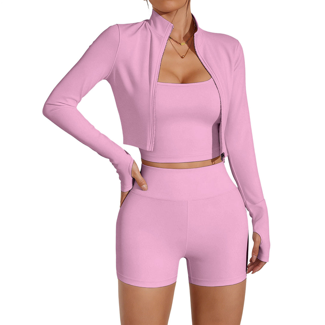 3 Piece Gym Set for Women Quick Dry High Waisted Shorts Crop Top Jacket Yoga Workout Outfit for Gym Daily present