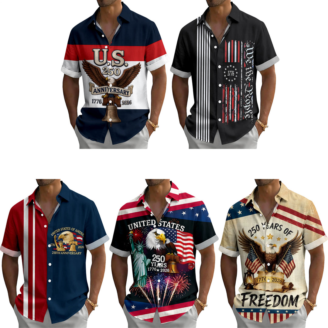 Patriotic Button Up Shirts for Men Flag 250 Years Lapel Short Sleeve Casual Trendy Hawaiian Shirts for Travel useful