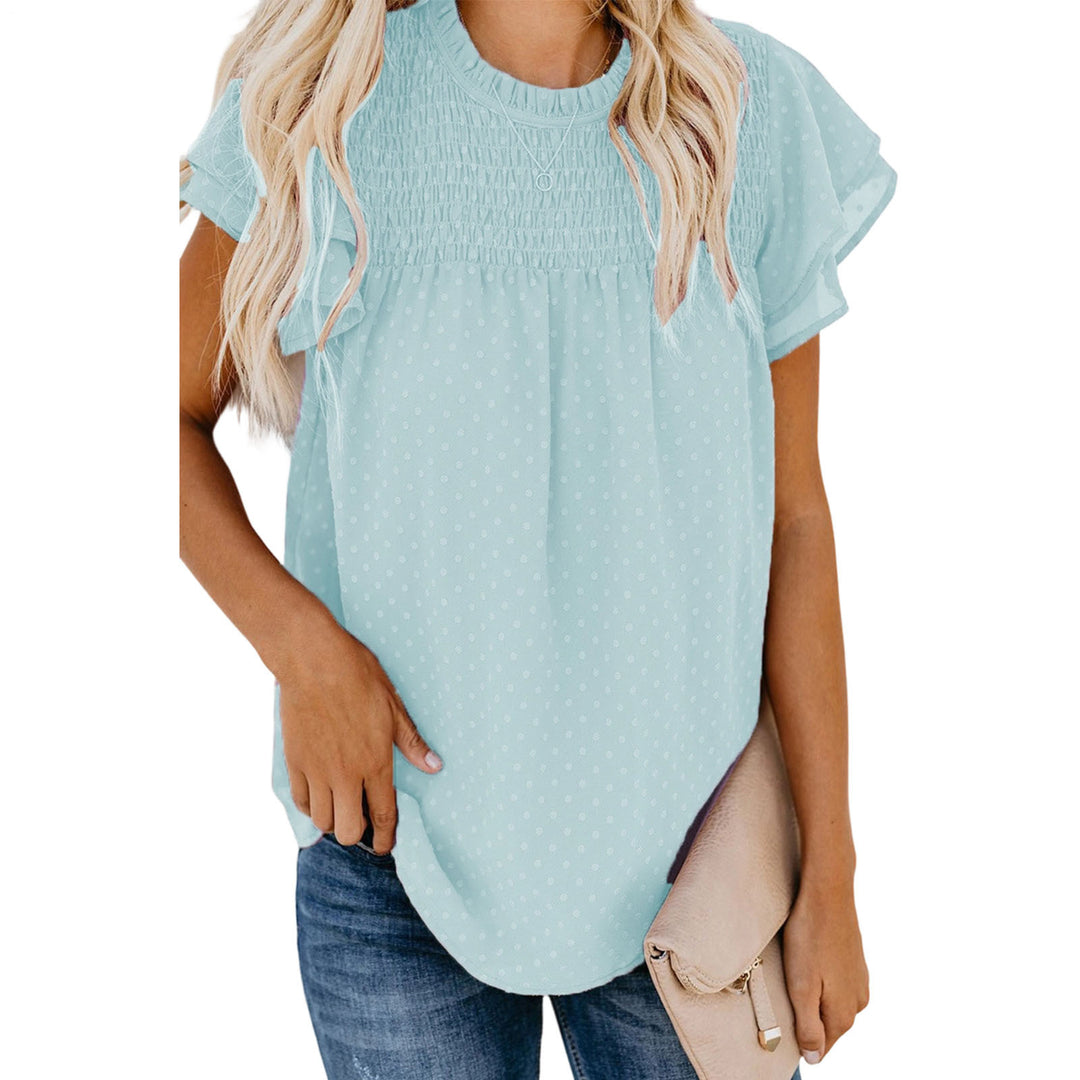 Womens Ruffle Short Sleeve Blouse Dot Smocked Crewneck Summer Flowy Chiffon Shirts Pullover Tops for Travel expedient