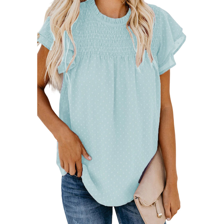 Womens Ruffle Short Sleeve Blouse Dot Smocked Crewneck Summer Flowy Chiffon Shirts Pullover Tops for Travel expedient