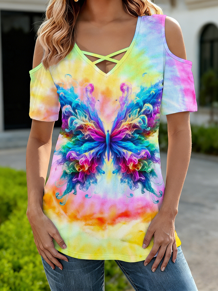 Women's Tie Dye Butterfly Off-Shoulder V-Neck T-Shirt