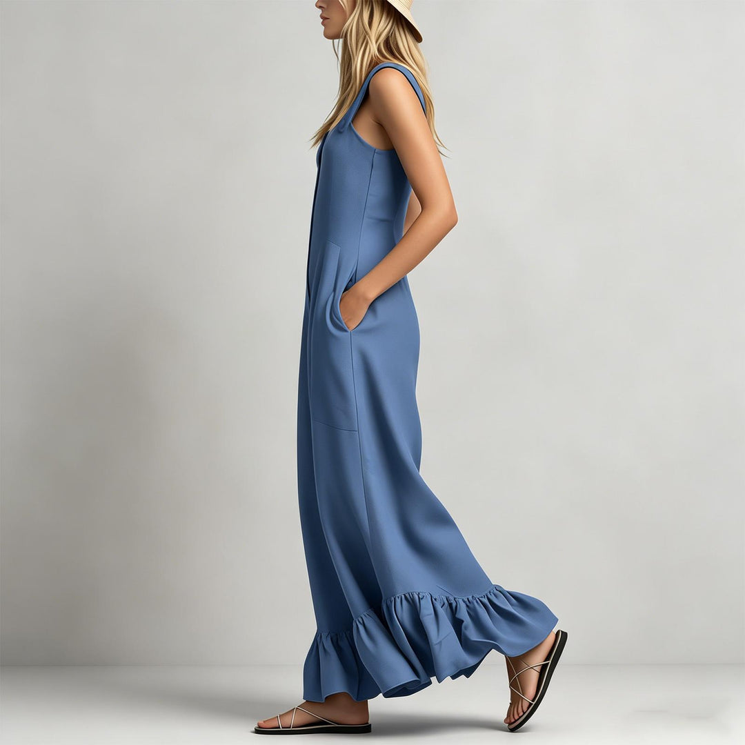 Sleeveless Jumpsuits for Women Ruffle Hems Summer Square Neck Overalls Boho Pant Overalls for Travel Daily chic