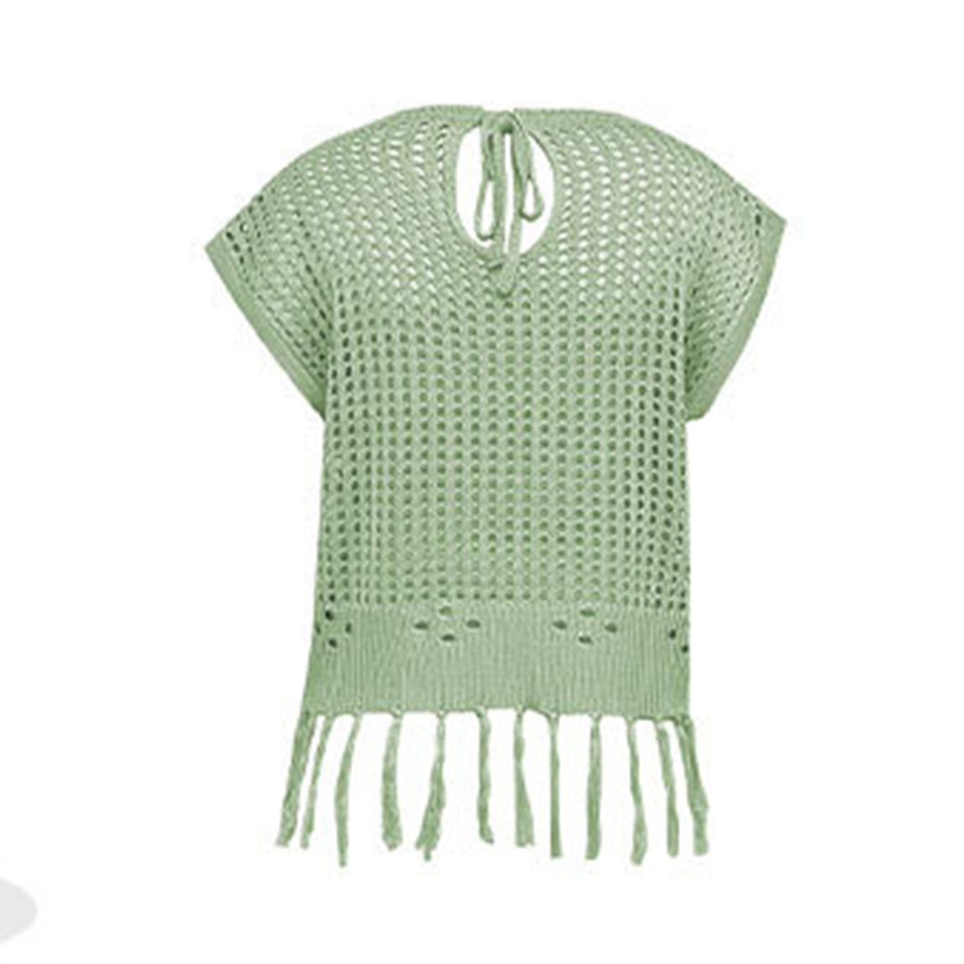 Crochet Tops for Women Tassel Hollow Out Summer Knit Top Crewneck Short Sleeve Pullover Cover Up for Travel usefulness
