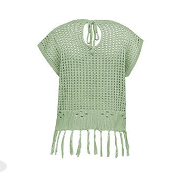 Crochet Tops for Women Tassel Hollow Out Summer Knit Top Crewneck Short Sleeve Pullover Cover Up for Travel usefulness