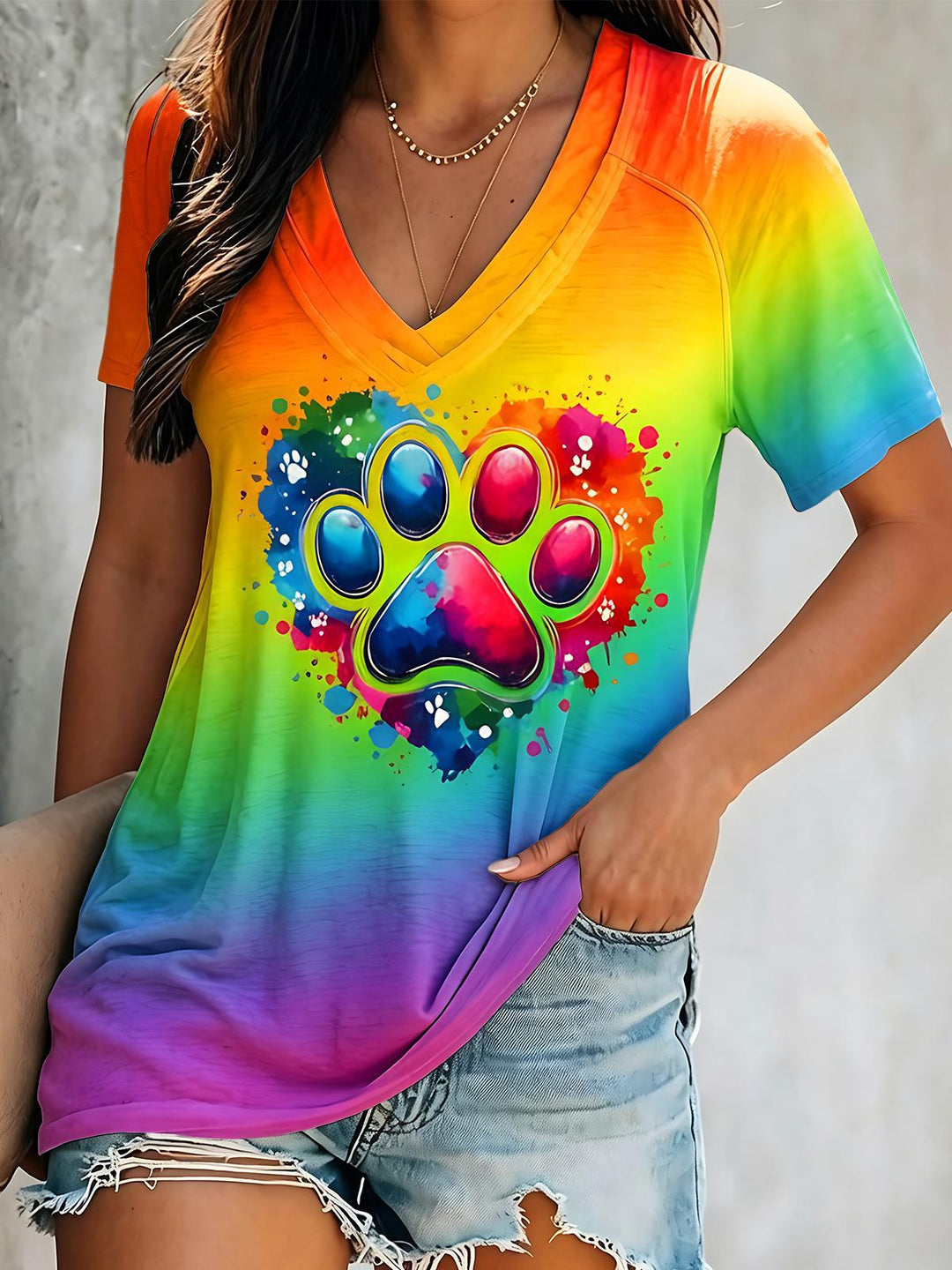 Colorful Gradient Tie-Dye Paw Print Heart Short Sleeve V Neck Print Top