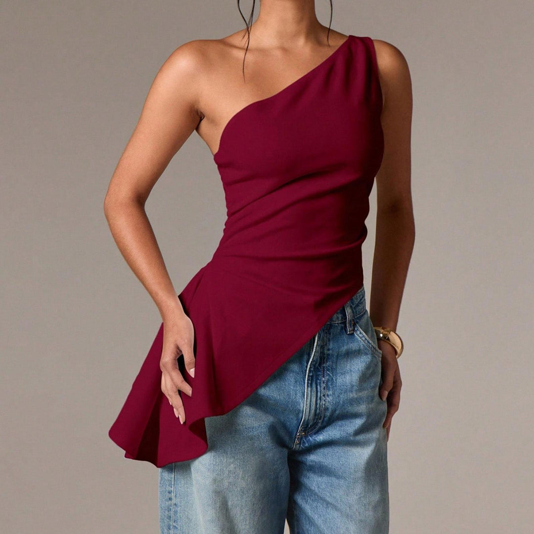 Off Shoulder Ruffle Top Asymmetrical Neck Summer Going Out Sexy Elegant Ruched Sleeveless Tops for Datng friendly