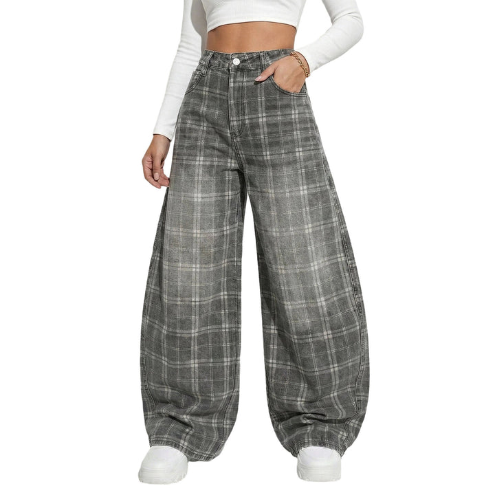 Wide Leg Plaid Pants Woman Wide Leg Lounge Mid Waist Pants Unisex Loose Trousers with Pockets Streetwear frugal