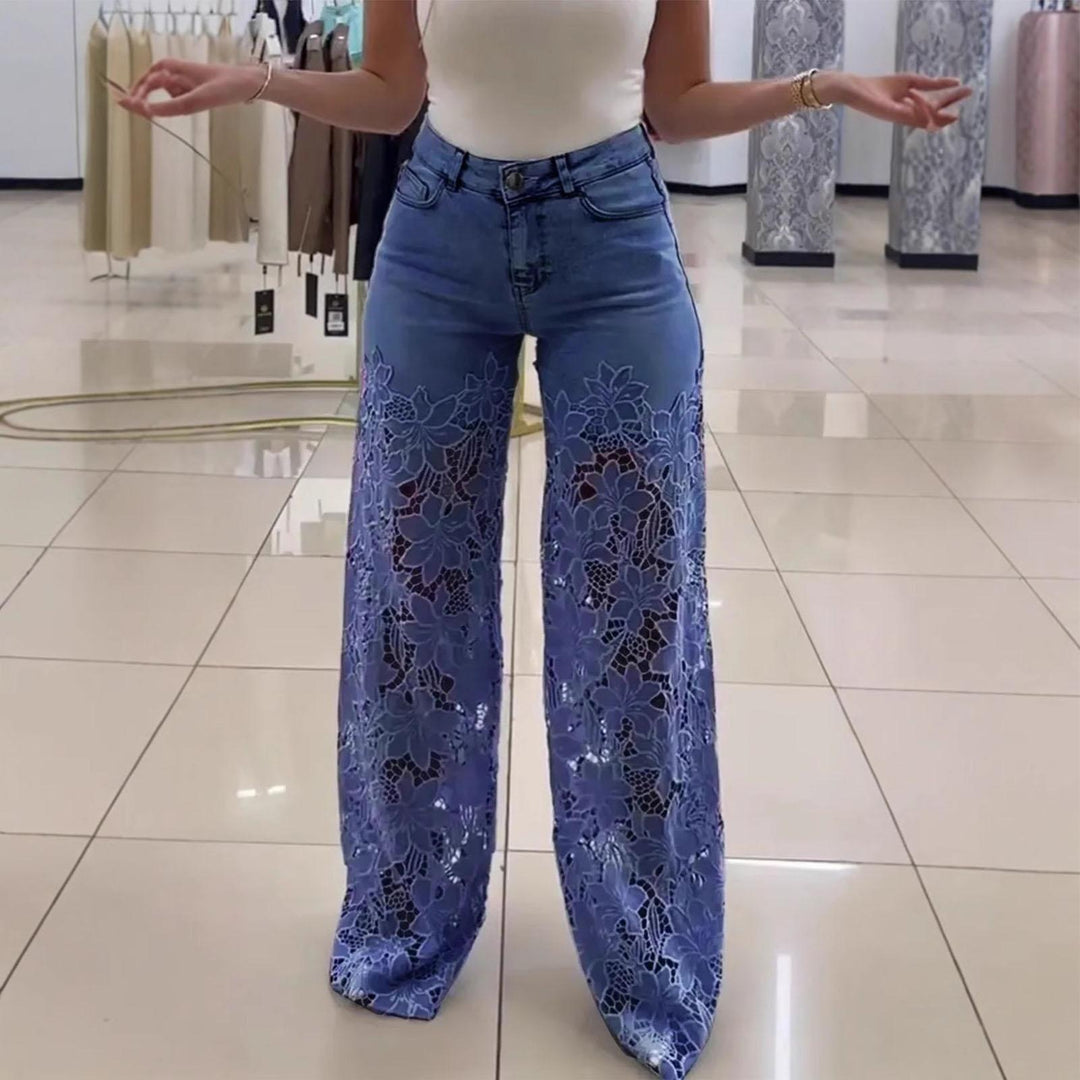 Lace Jeans for Women Hollow Lace Spliced High Waisted Fashion Jeans Loose Fit Denim Pants for Daily Wear exceptional