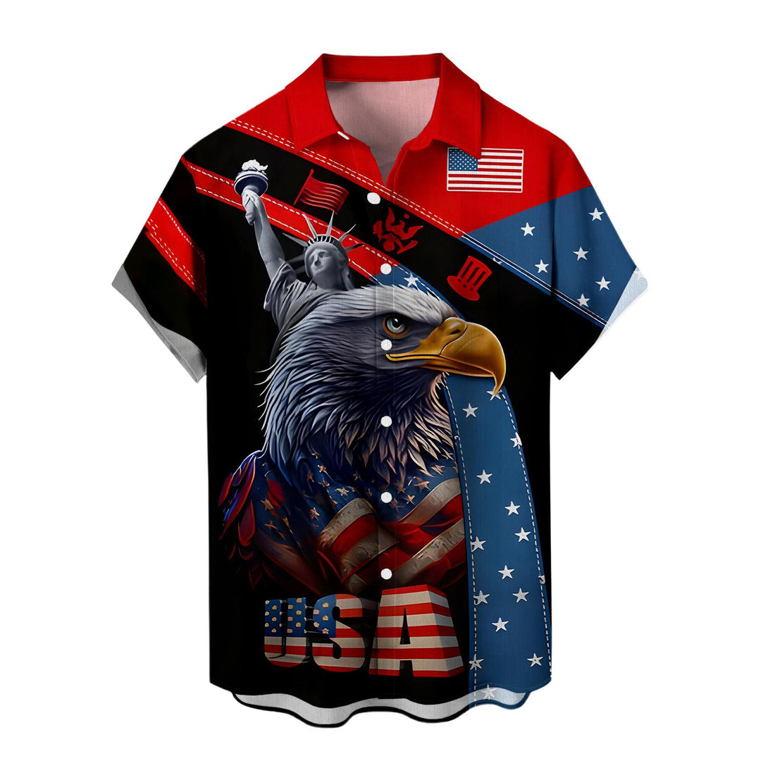 Flag Button Up Shirt Men Eagle Print Short Sleeve Button Down Patriotic Hawaiian Shirts for Parade Party amiable