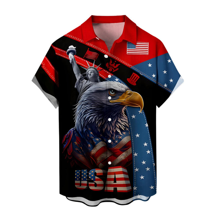 Flag Button Up Shirt Men Eagle Print Short Sleeve Button Down Patriotic Hawaiian Shirts for Parade Party amiable