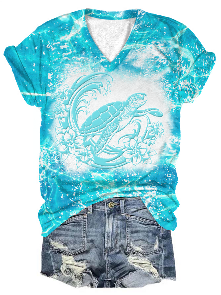 Floral Sea Turtle V-neck T-Shirt