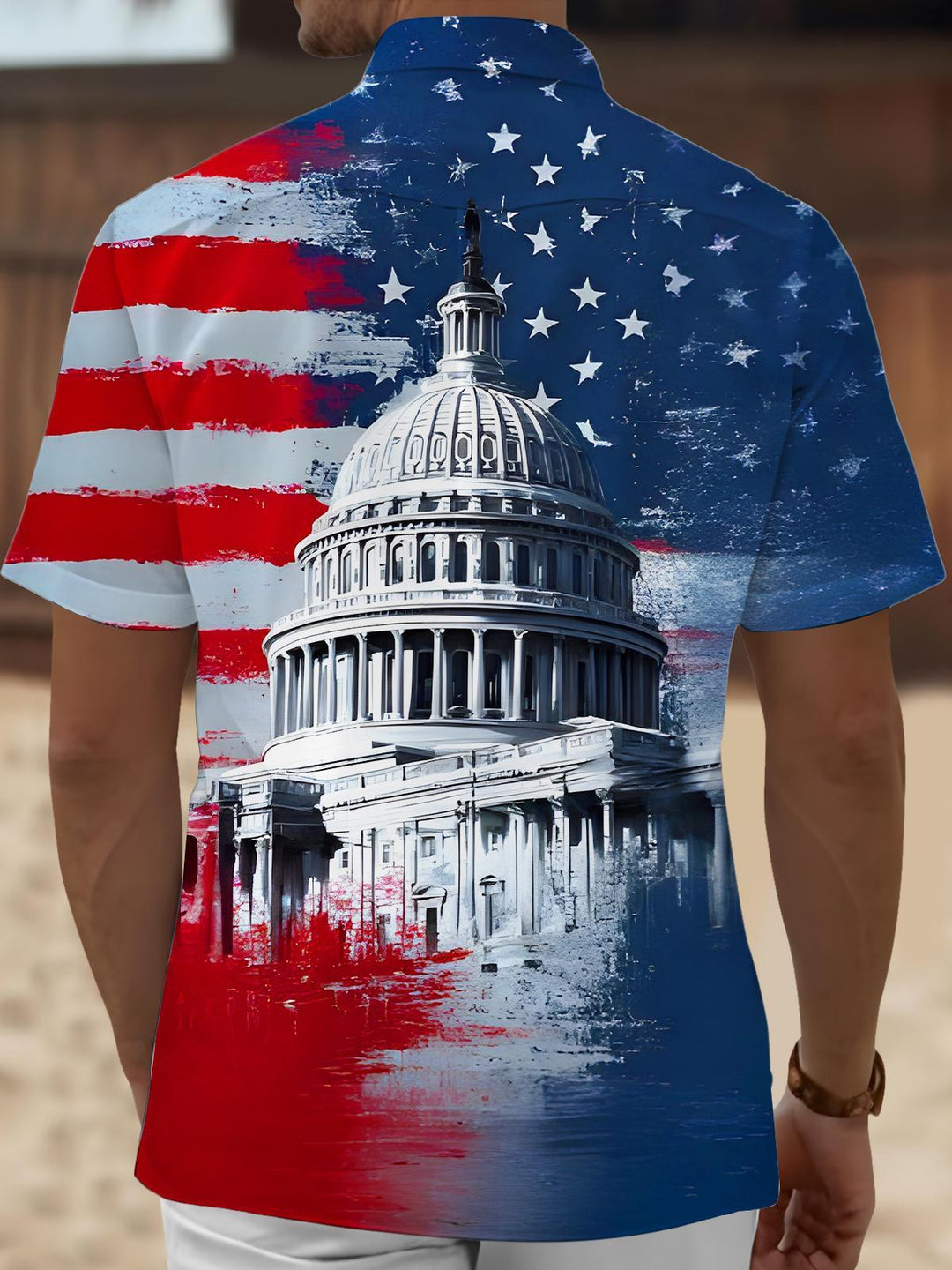Capitol Building USA Flag Independence Day Men's Pocket Short Sleeve Shirts
