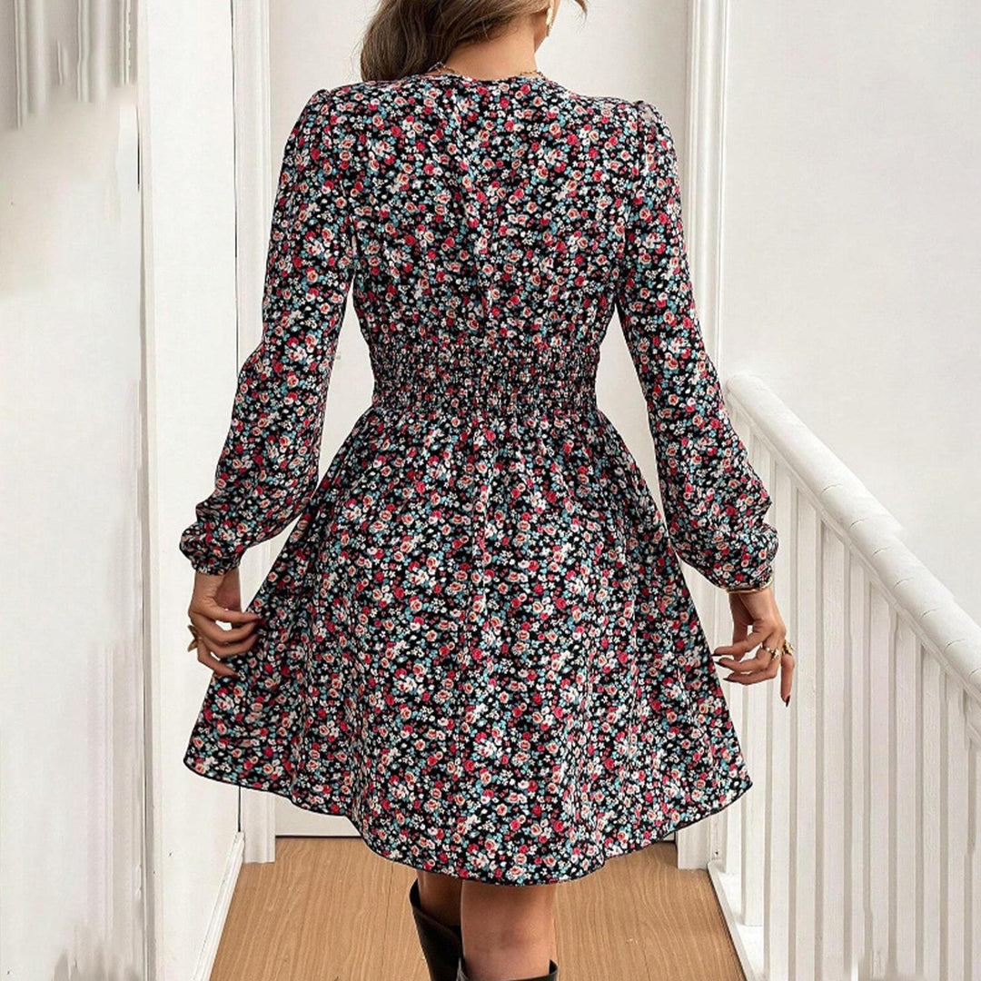 Long Sleeve Short Dress for Women V Neck Bohemian Floral Dress Lantern Sleeves for Dating Travel Vacation charming