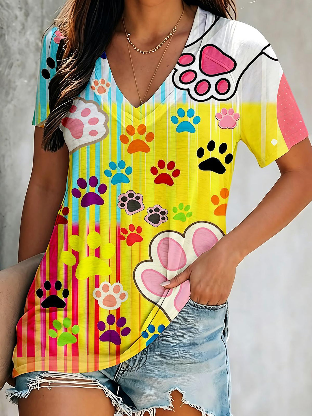Colorful Cute Paw Prints Short Sleeve V Neck Print Top