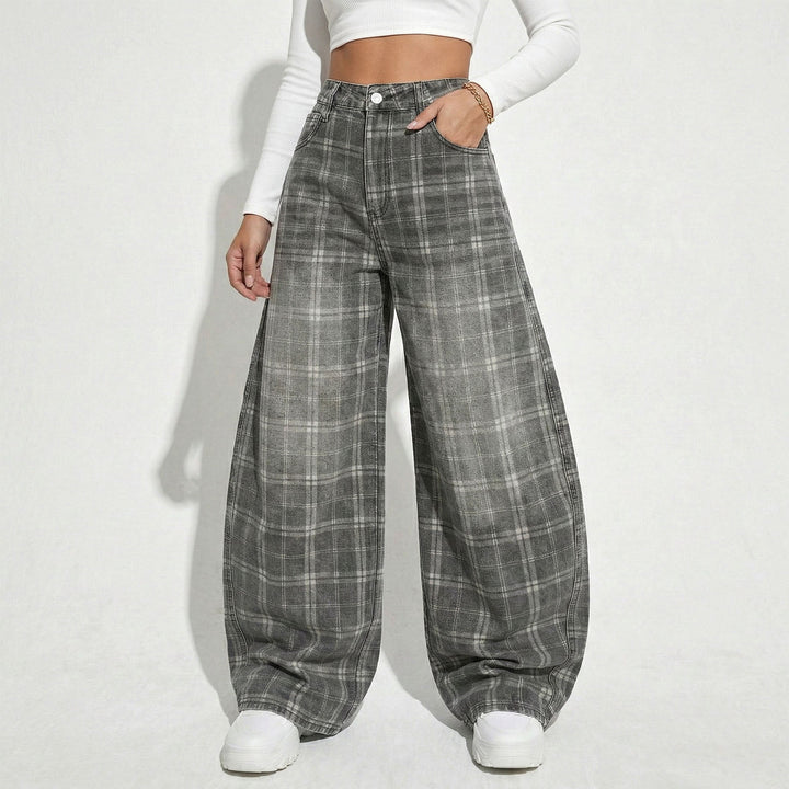 Wide Leg Plaid Pants Woman Wide Leg Lounge Mid Waist Pants Unisex Loose Trousers with Pockets Streetwear frugal