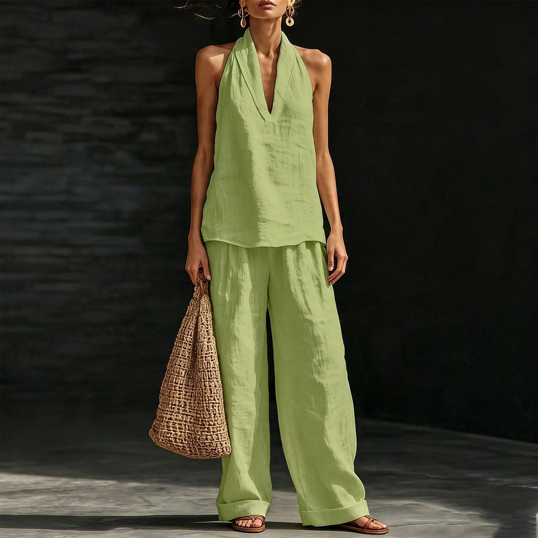 Summer Outfits for Women 2 Piece Set Deep V Neck Sleeveless Loose Fit Halter Top and Wide Leg Pants for Beach classical