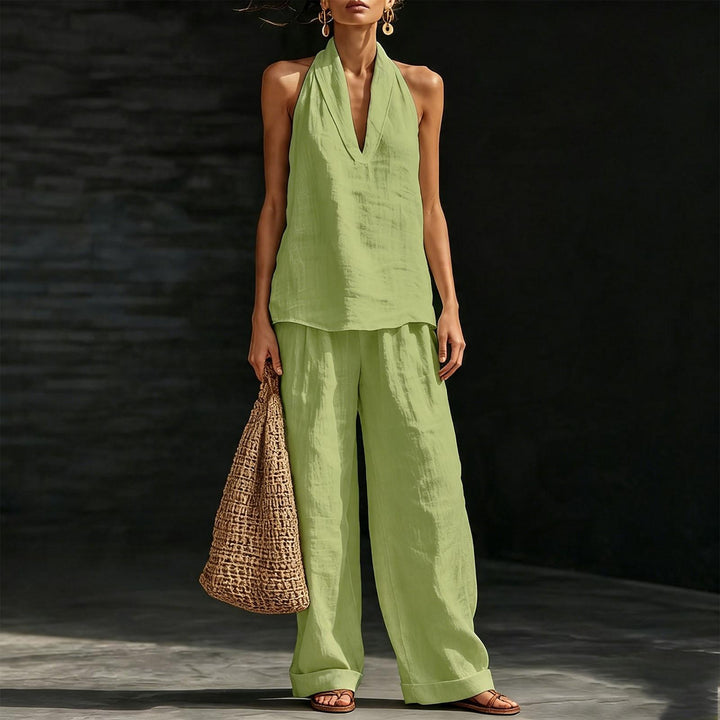 Summer Outfits for Women 2 Piece Set Deep V Neck Sleeveless Loose Fit Halter Top and Wide Leg Pants for Beach classical